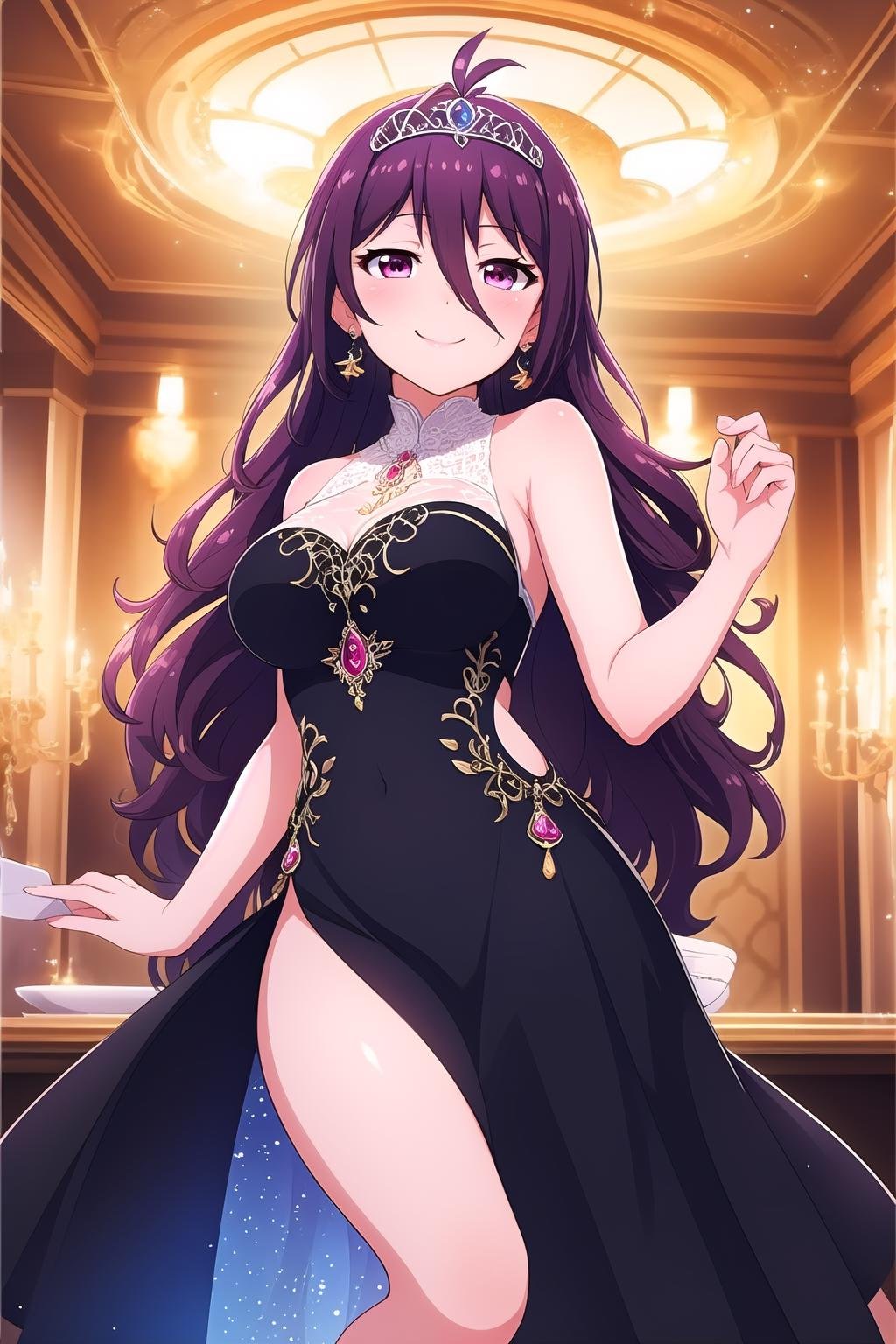 (masterpiece, best quality), highly detailed background, perfect lightingbest quality, tsubuzakianko, solo, indoors, purple hair, antenna hair, tiara, hair between eyes, very long hair, pink eyes, earrings, jewelry, medium breasts, black dress, sleeveless dress, bare shoulders, smile, closed mouth, pink lips, <lora:Tsubuzaki-Anko:0.7>