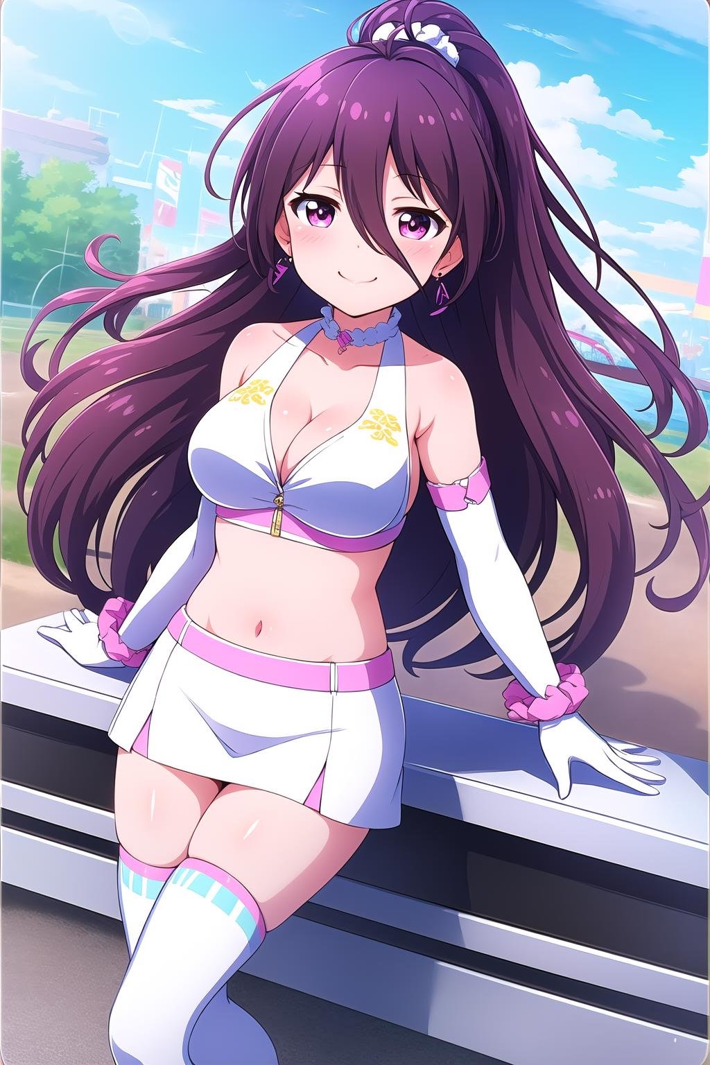 (masterpiece, best quality), highly detailed background, perfect lightingbest quality, tsubuzakianko, solo, outdoors, race queen, purple hair, antenna hair, high ponytail, hair scrunchie, white scrunchie, hair between eyes, very long hair, pink eyes, earrings, choker, jewelry, white shirt, crop top, cleavage, bare shoulders, white gloves, elbow gloves, white thighhighs, checkered clothes, smile, closed mouth, pink lips, <lora:Tsubuzaki-Anko:0.7>