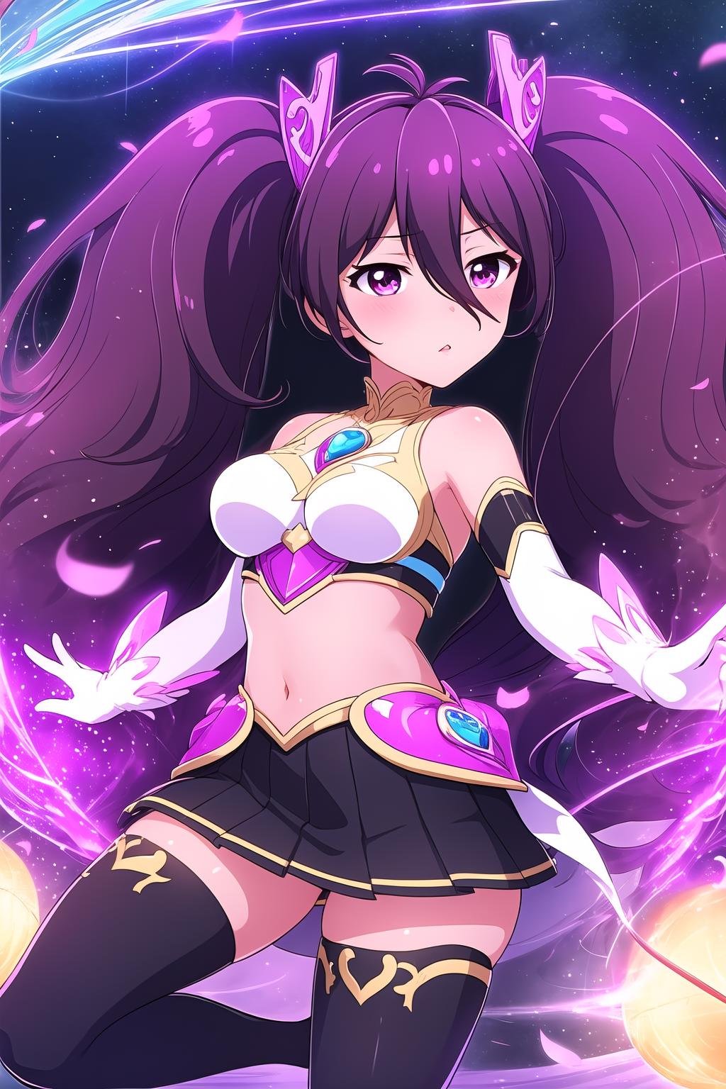 (masterpiece, best quality), highly detailed background, perfect lightingbest quality, tsubuzakianko, solo, outdoors, magical girl, purple hair, antenna hair, twintails, hair between eyes, very long hair, pink eyes, medium breasts, bodysuit, gem, red dress, bare shoulders, white gloves, elbow gloves, black skirt, pleated skirt, black thighhighs, closed mouth, >:(, pink lips, <lora:Tsubuzaki-Anko:0.7>