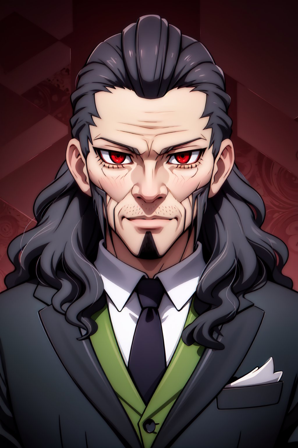 (1boy, solo, (Toudou_heikichi, old man, long hair,  suit, red eyes, upper body, facial hair),looking at viewer),