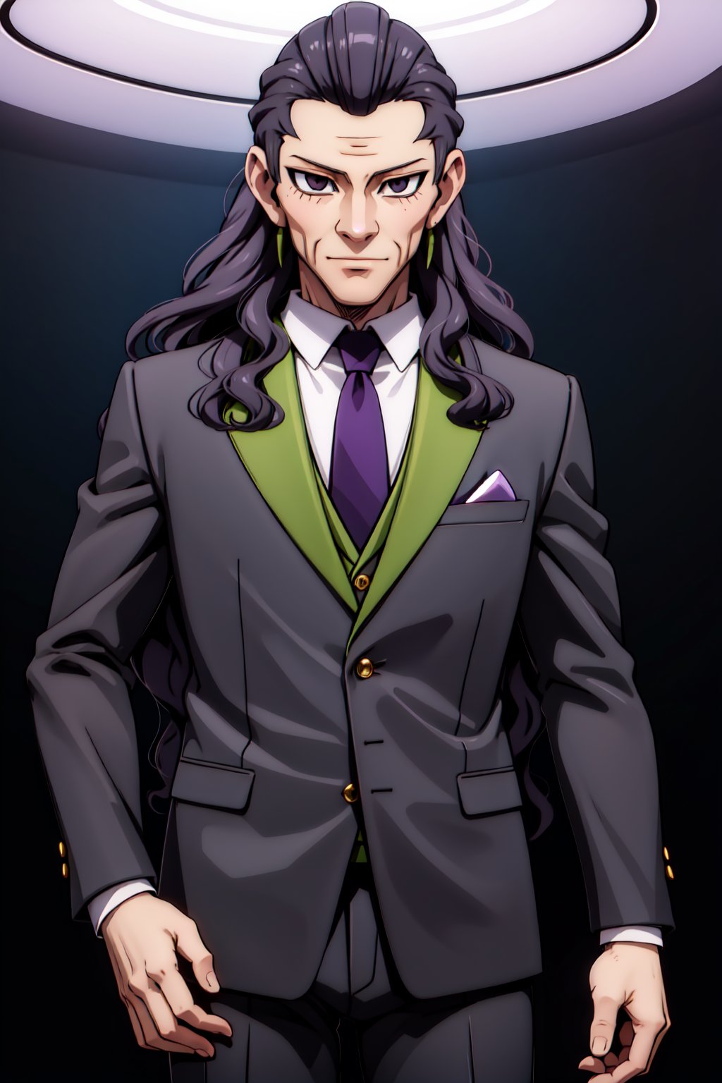 (1boy, solo, (Toudou_heikichi, long hair, suit),looking at viewer)