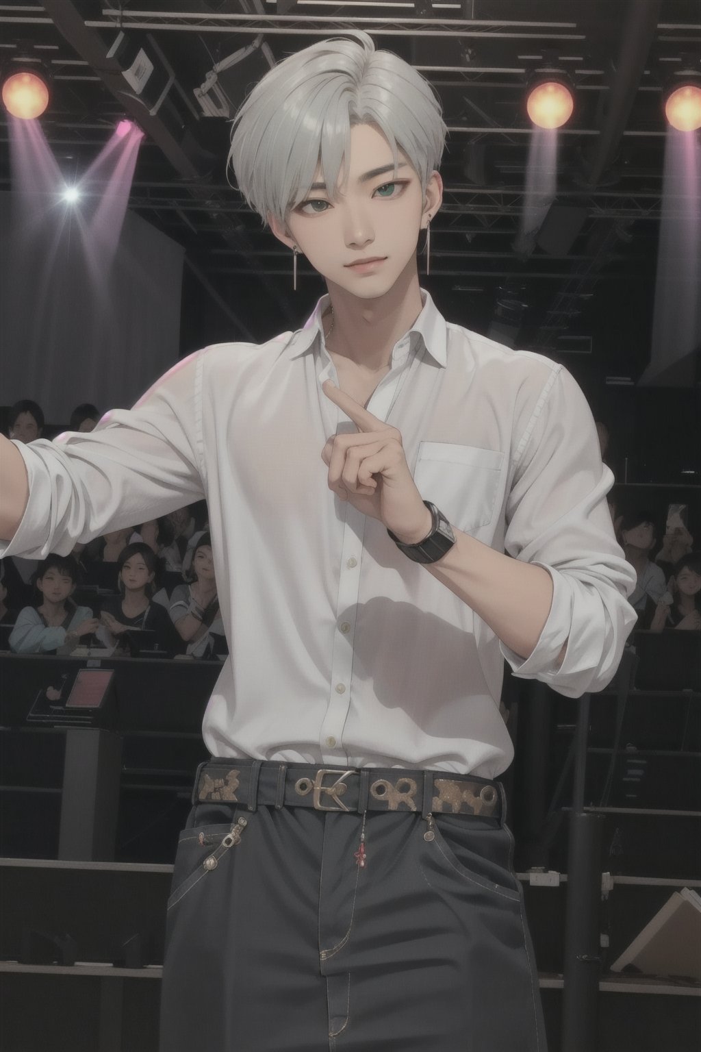 young asian handsome male, kpop idol, superhandsome, earrings, dancing, green eye, ash silver hair, stage background