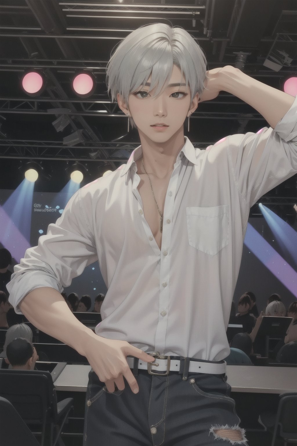 young asian handsome male, kpop idol, superhandsome, earrings, dancing, green eye, ash silver hair, stage background