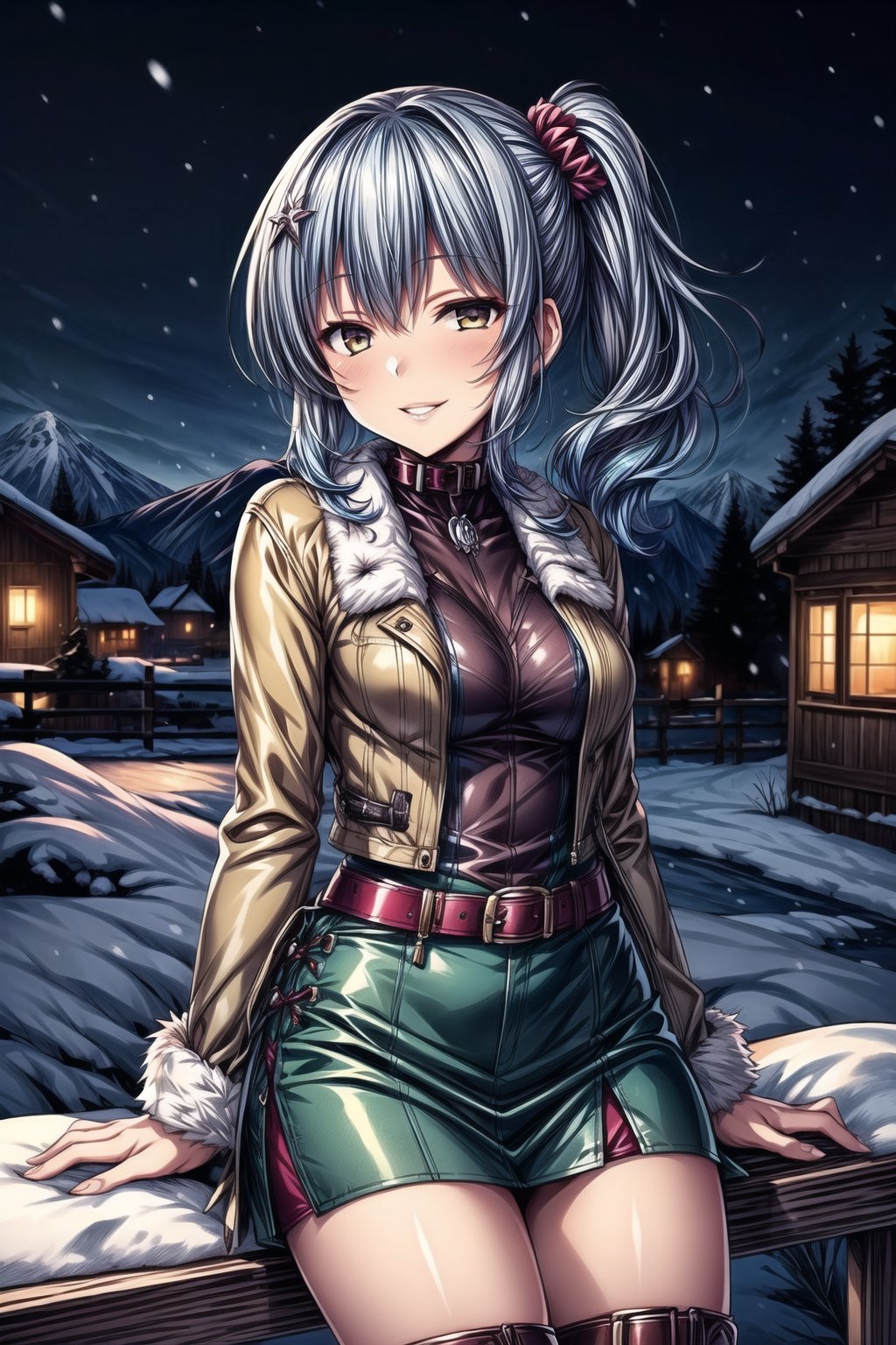 ((best quality)),  ((hazel_eyes, blue hair, highly detailed)), sitting, masterpiece,  ((official art)), ultra-detailed,1girl, night, solo,  evil girl, smile, looking at viewer, jewelry, parted lips lips, evil smile, crazy,masterpiece,edgGesugao,  (beautiful detailed girl), ((cowboy shot, hair_ornament)), side ponytail, scrunchie, medium breasts, brown jacket, fur trim, green top, black collar, green skirt, belt, grey boots, winter, snowfall, snowy mountains, snow, snowy pine trees, freezing weather, frost, chill, wind, windy, winter , night, nighttime, starry sky, wooden fence, distant village, distant lights, lantern, 