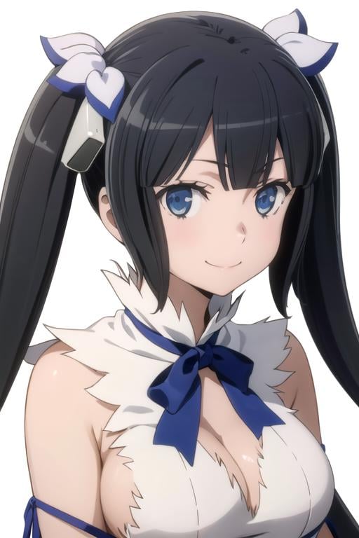 solo, 1girl, looking at viewer, 2D, anime, anime coloring, upper body, (solid white background:1.3), <lora:hestia-danmachi:0.8>, hestia, smile, rei no himo, dress