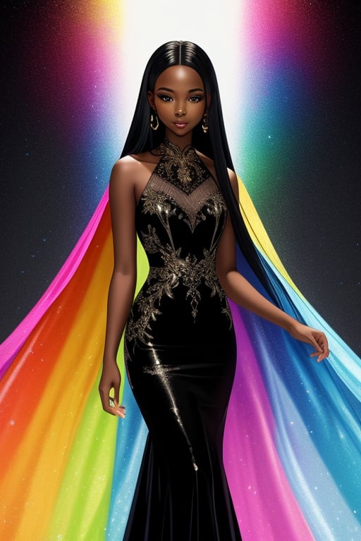 Dana, black skin, long straight hair, colorfull dress 