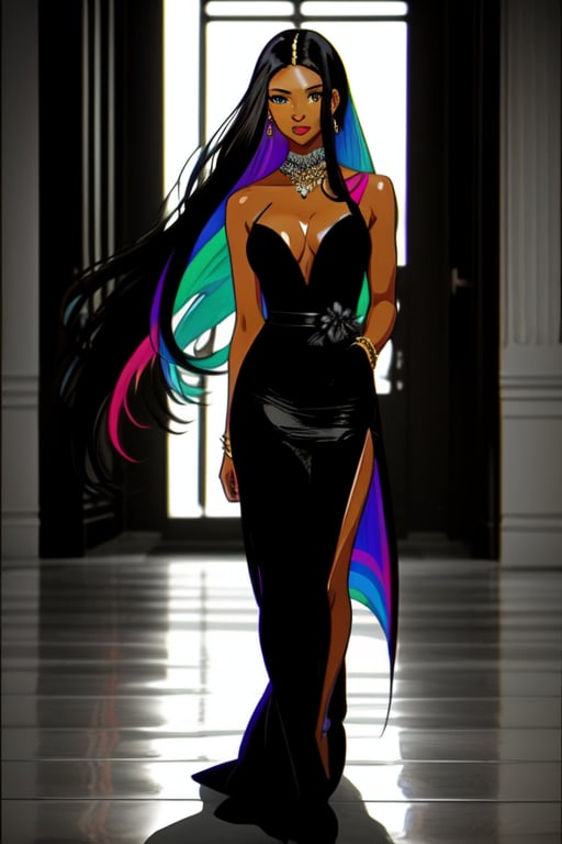 Dana, black skin, long straight hair, colorfull dress 