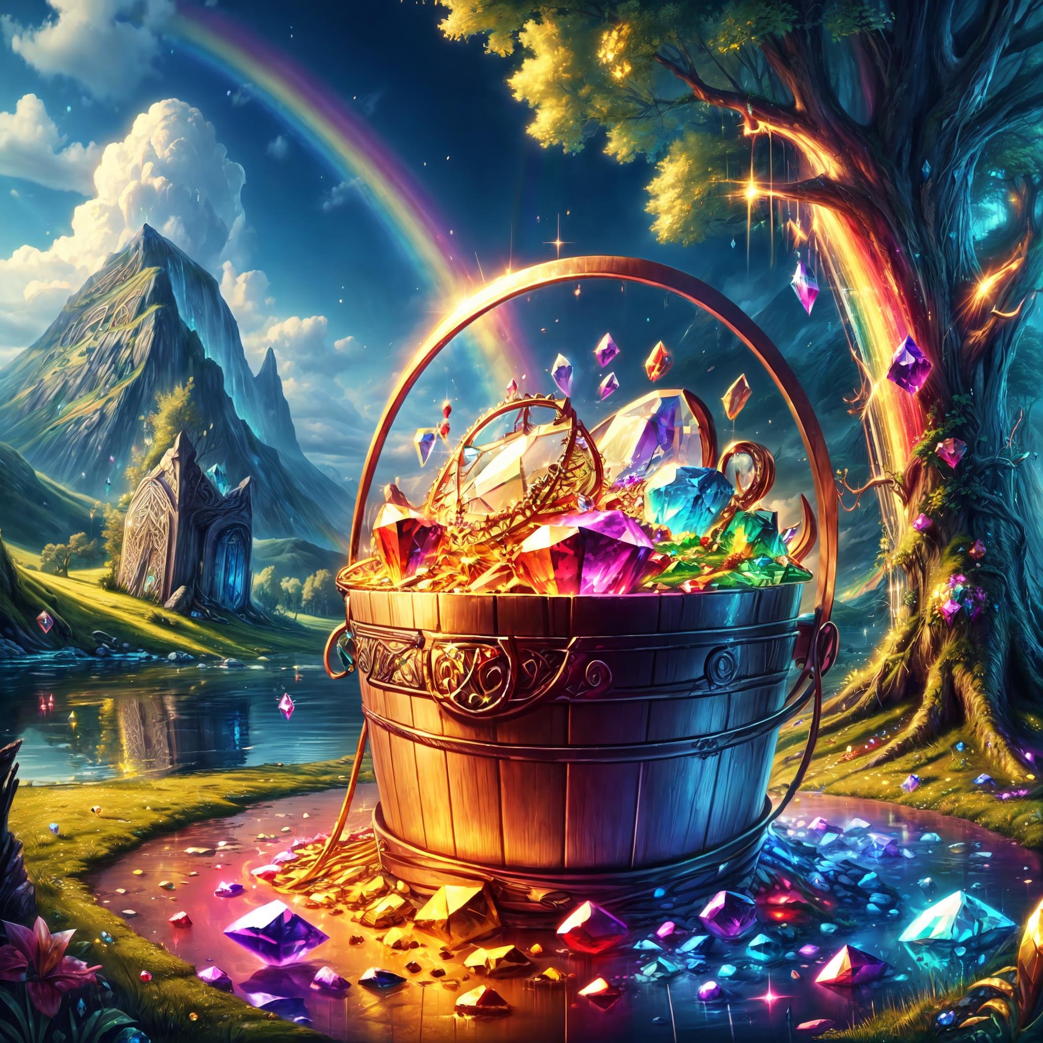 Masterpiece,absurd resolution,8k,BucketGoldUnderTheRainbow,celtic style, bucket of gold, under rainbow, rainbow, no humans, gem, tree, crystal, scenery, treasure chest, outdoors, sky, gold, gems,<lora:add_detail:0.6> ,<lora:colorfix:0.6>, <lora:BucketGoldUnderTheRainbowSD:0.6>