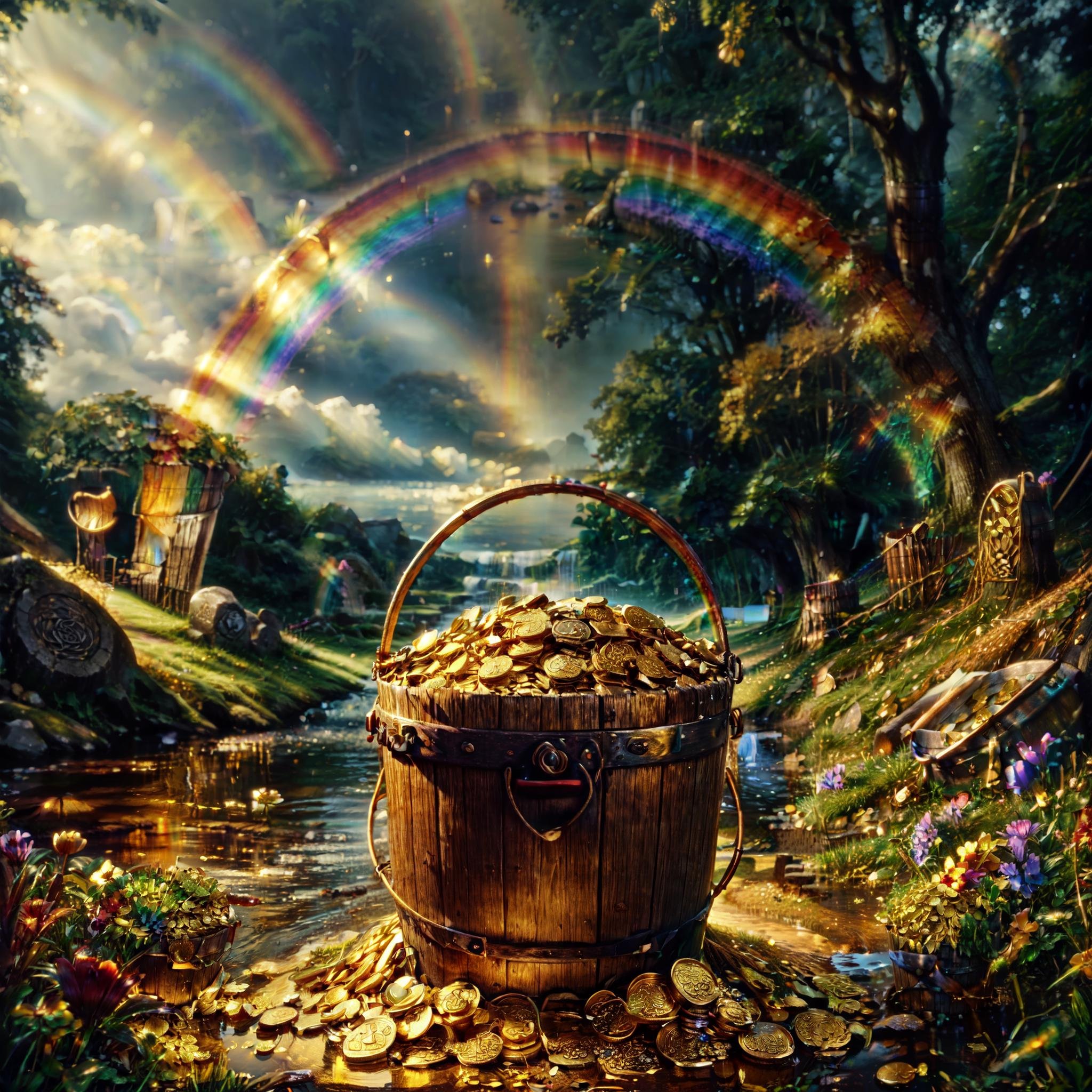 <lora:BucketGoldUnderTheRainbowSD:1>,BucketGoldUnderTheRainbow,celtic style, bucket of gold, under rainbow, rainbow, flower, no humans, tree, scenery, barrel, outdoors, water, nature, grass, gold,<lora:add_detail:0.9> ,<lora:colorfix:0.9>