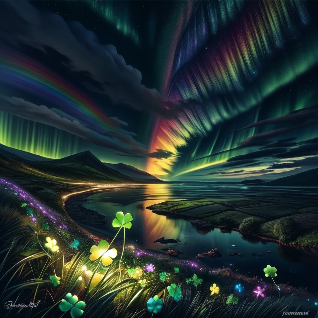 CelticLandStyle,scenery, no humans, sky, rainbow, cloud, outdoors, star (sky), tree, aurora, water,glowing four-leaf clover,night, <lora:CelticLandStyle:1>, <lora:add_detail:0.8>  <lora:colorfix:0.8>