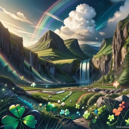 CelticLandStyle,scenery, rainbow, cloud, sky, water, outdoors, night, waterfall, fantasy, star (sky),glowing four-leaf clover <lora:CelticLandStyle:1>