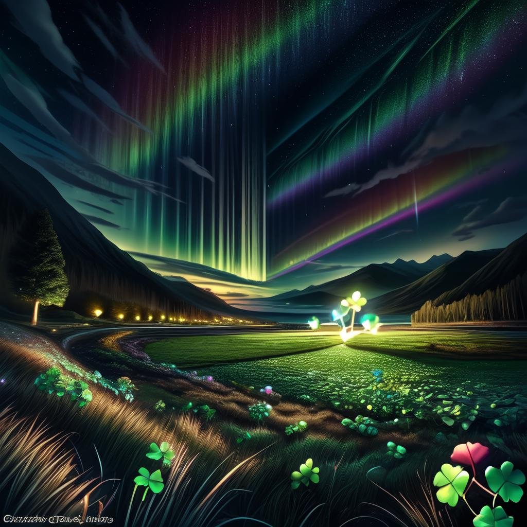 CelticLandStyle,scenery, no humans, sky, rainbow, cloud, outdoors, star (sky), tree, aurora, water,glowing four-leaf clover,night, <lora:CelticLandStyle:1>, <lora:add_detail:0.8>  <lora:colorfix:0.8>