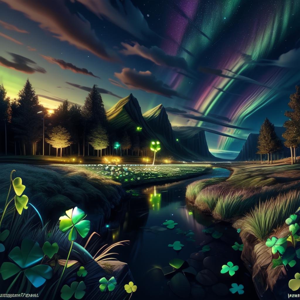 CelticLandStyle,scenery, no humans, sky, rainbow, cloud, outdoors, star (sky), tree, aurora, water,glowing four-leaf clover,night, <lora:CelticLandStyle:1>, <lora:add_detail:0.8>  <lora:colorfix:0.8>