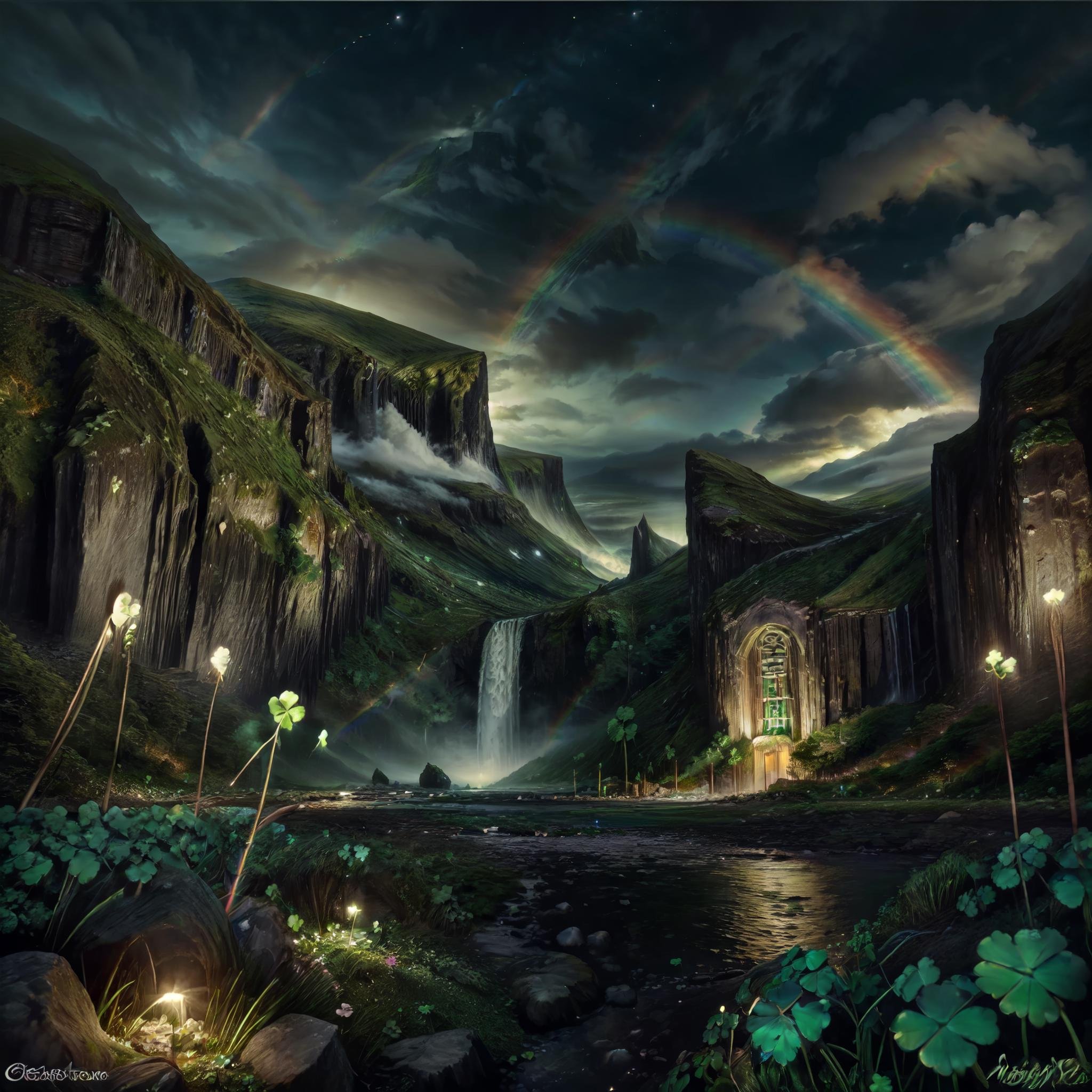 CelticLandStyle,scenery, sky, cloud, rainbow, fantasy, water, outdoors, night, waterfall, no humans,glowing four-leaf clover,night, <lora:CelticLandStyle:1>, <lora:add_detail:0.8>  <lora:colorfix:0.8>