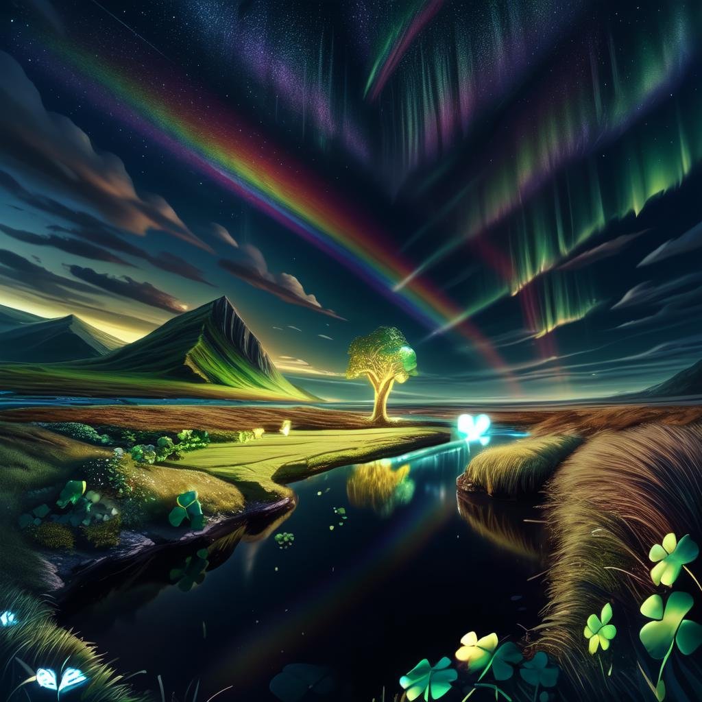 CelticLandStyle,scenery, no humans, sky, rainbow, cloud, outdoors, star (sky), tree, aurora, water,glowing four-leaf clover,night, <lora:CelticLandStyle:1>, <lora:add_detail:0.8>  <lora:colorfix:0.8>