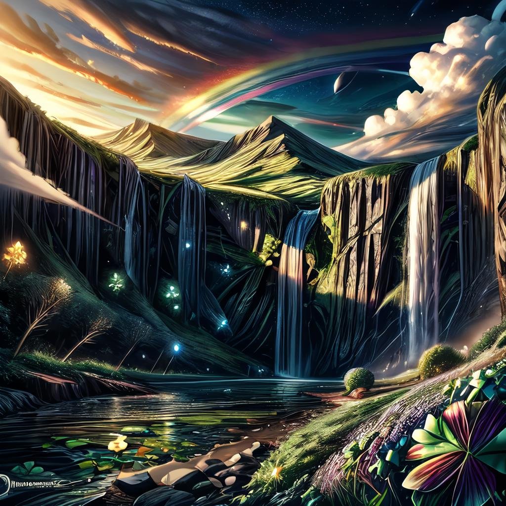 CelticLandStyle,scenery, rainbow, cloud, sky, water, outdoors, night, waterfall, fantasy, star (sky),glowing four-leaf clover <lora:CelticLandStyle:1>, <lora:add_detail:0.8> <lora:more_details:0.8> <lora:colorfix:0.8>