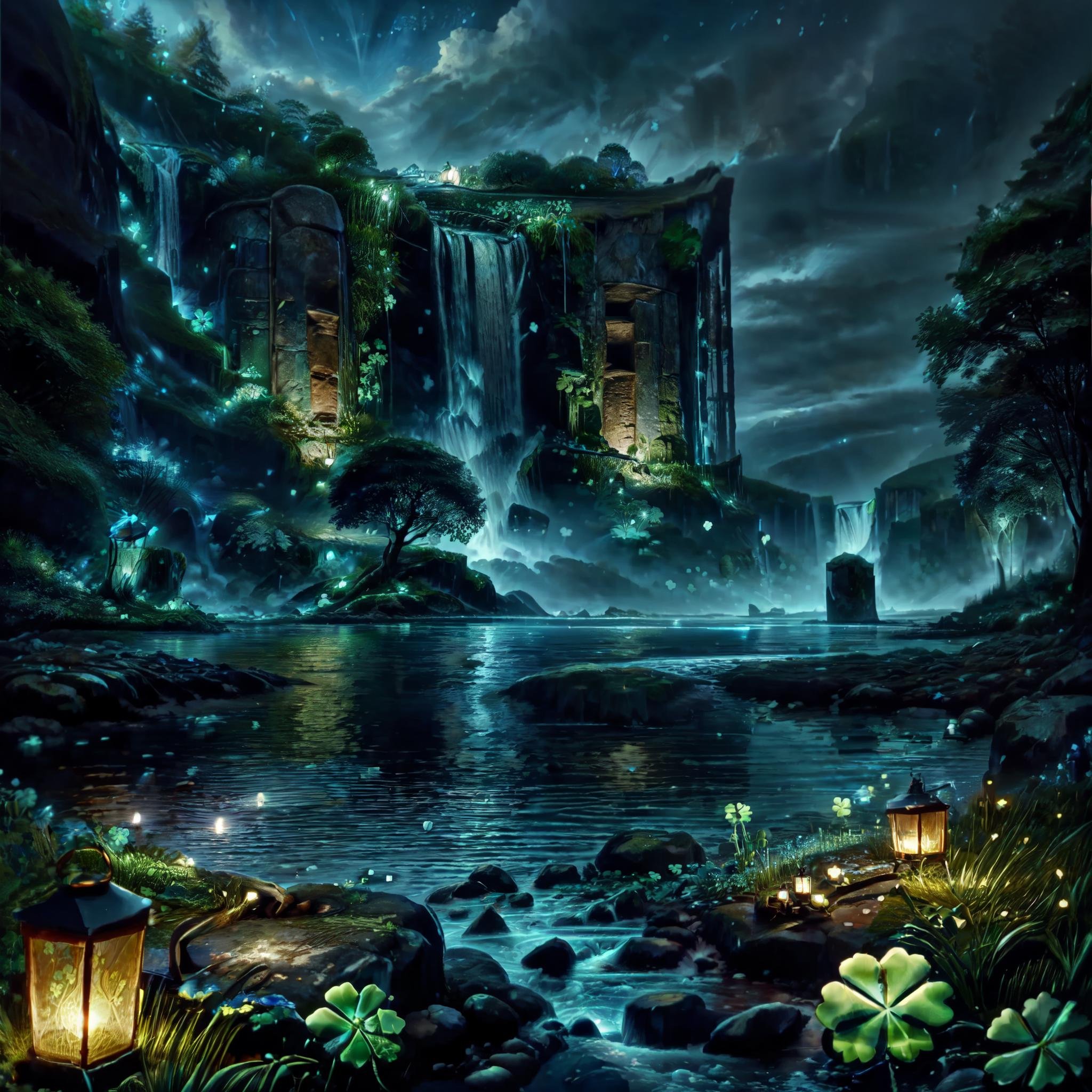 CelticLandStyle,fantasy, water, blue sky, night, glowing four-leaf clover, nature, tree, waterfall, flower, lantern ,<lora:CelticLandStyleAlt:1>,<lora:add_detail:0.8> ,<lora:colorfix:0.8>