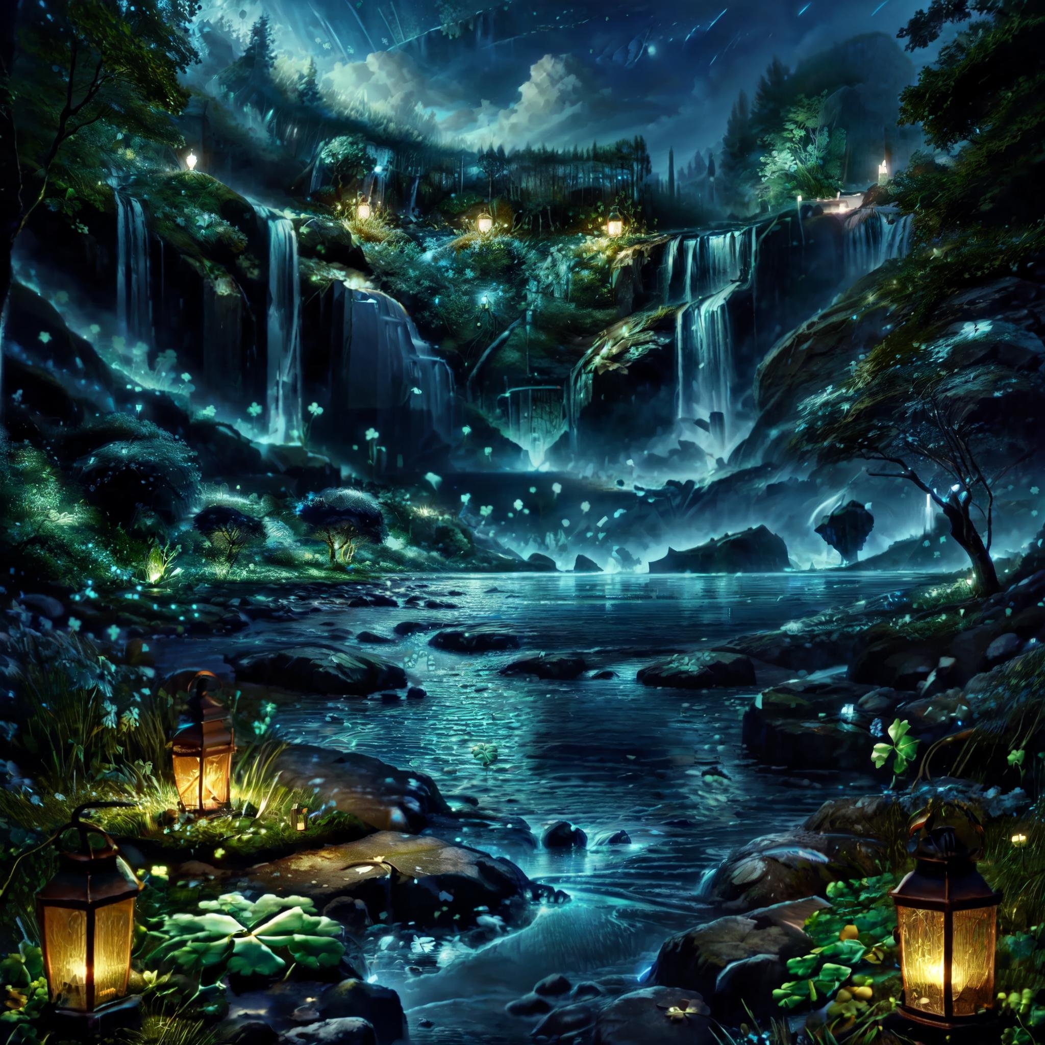 CelticLandStyle,fantasy, water, blue sky, night, glowing four-leaf clover, nature, tree, waterfall, flower, lantern ,<lora:CelticLandStyleAlt:1>,<lora:add_detail:0.8> ,<lora:colorfix:0.8>