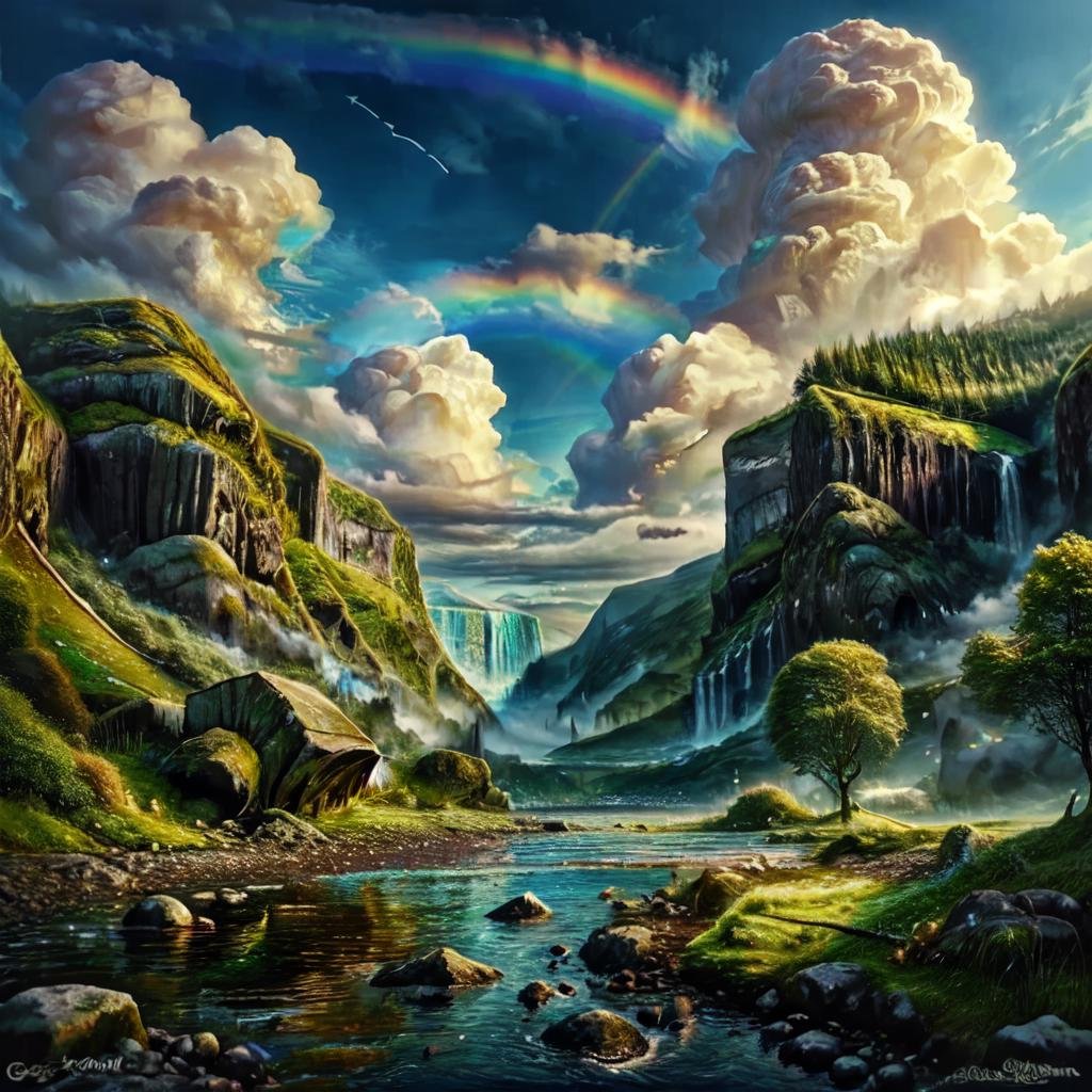 CelticLandStyle,rainbow, blue sky, cloud, tree, sky, bird, waterfall, fantasy, nature, water,<lora:CelticLandStyleAlt:1>,<lora:add_detail:0.8> ,<lora:colorfix:0.8>