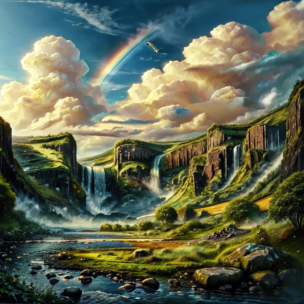 CelticLandStyle,rainbow, blue sky, cloud, tree, sky, bird, waterfall, fantasy, nature, water,<lora:CelticLandStyleAlt:1>,<lora:add_detail:0.8> ,<lora:colorfix:0.8>