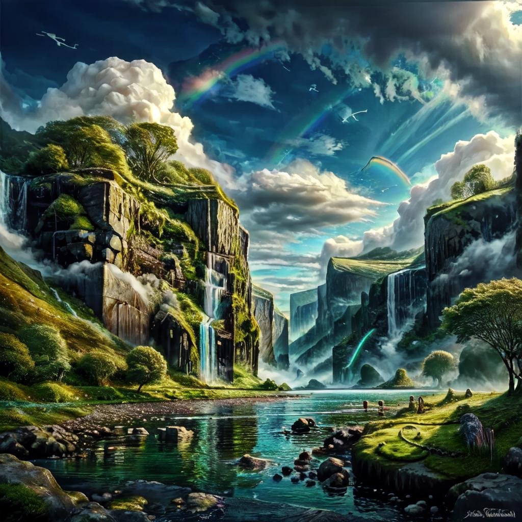 CelticLandStyle,rainbow, blue sky, cloud, tree, sky, bird, waterfall, fantasy, nature, water,<lora:CelticLandStyleAlt:1>,<lora:add_detail:0.8> ,<lora:colorfix:0.8>