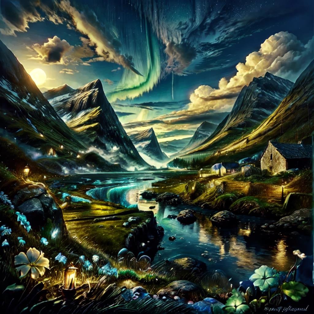 CelticLandStyle,fantasy, water, blue sky, night, sky, moon, fantasy, outdoors, cloud, aurora, water, flower, mountain,<lora:CelticLandStyleAlt:1>,<lora:add_detail:0.8> ,<lora:colorfix:0.8>