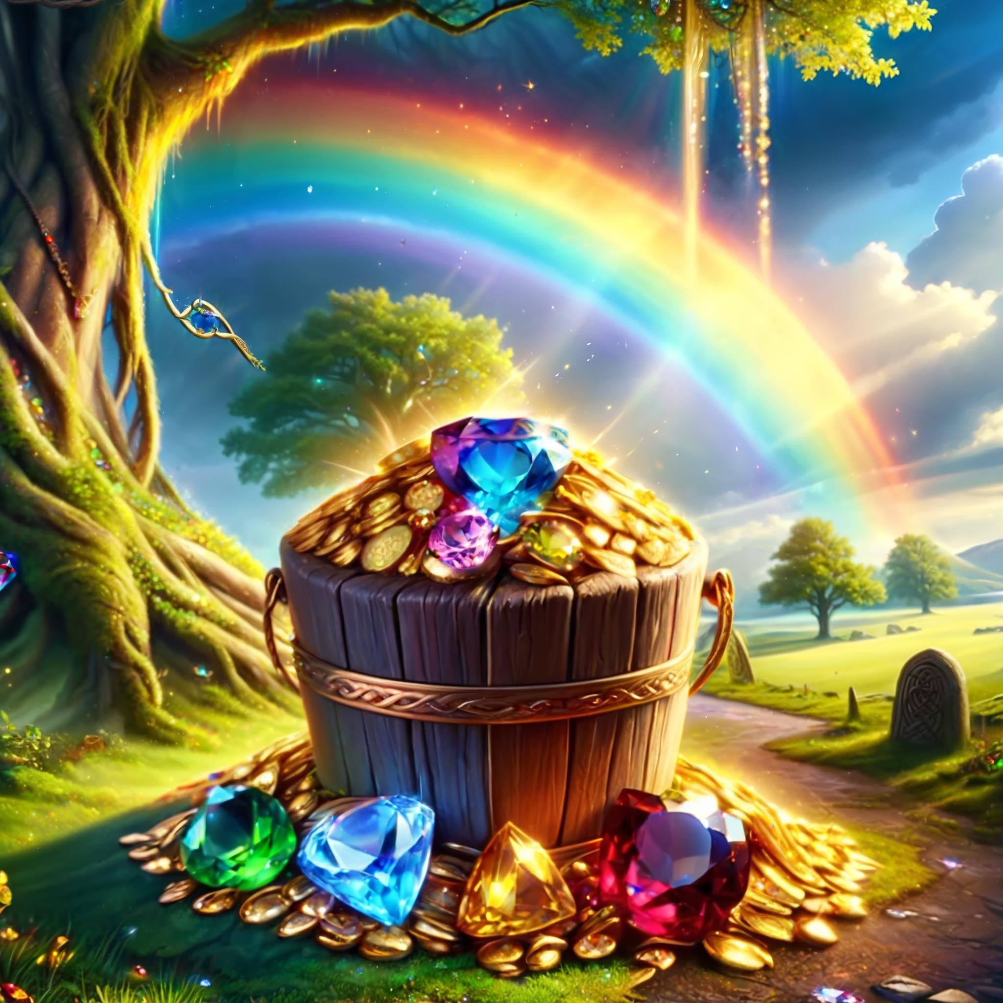 Masterpiece,absurd resolution,8k,BucketGoldUnderTheRainbow,celtic style, bucket of gold, under rainbow, rainbow, no humans, gem, tree, crystal, scenery, treasure chest, outdoors, sky, gold, gems, <lora:BucketGoldUnderTheRainbowSDXL:1>, <lora:add-detail-xl:0.6>