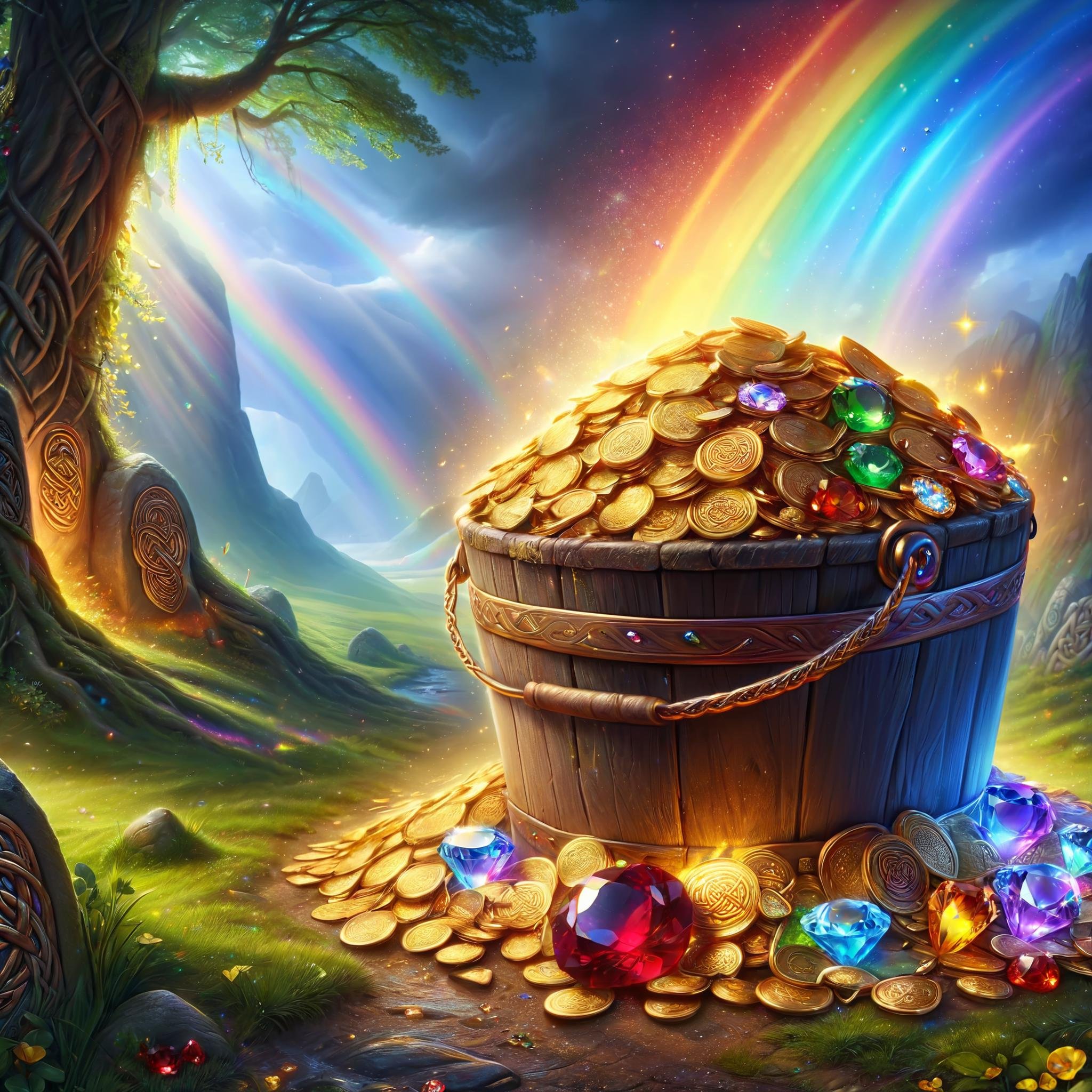 Masterpiece,absurd resolution,8k,BucketGoldUnderTheRainbow,celtic style, bucket of gold, under rainbow, rainbow, no humans, gem, tree, crystal, scenery, treasure chest, outdoors, sky, gold, glowing colorful gems,night,<lora:BucketGoldUnderTheRainbowSDXL:1>, <lora:add-detail-xl:0.6>