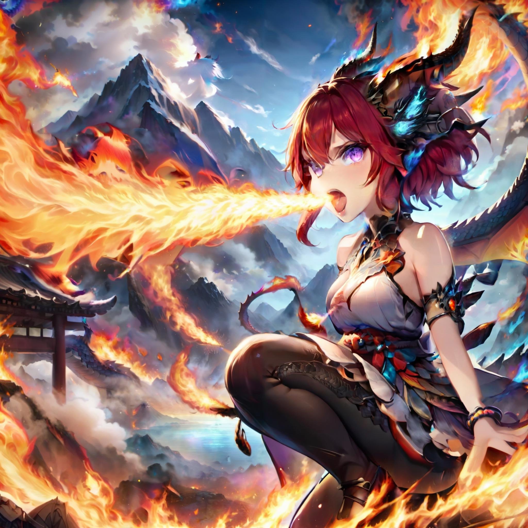 masterpiece,absurd resolution,,(Best quality:1.2), highres, (scenary:1.2),,FireBreath,dragon girl, horns, smoke, short hair, flaming weapon, fingernails, mountain, night, weapon, bracelet, teeth, red hair, holding, purple eyes, no humans, fire, breathing fire, blue eyes, breathing fire.blowing out fire trought mouth, kaijuu, standing, destruction, sitting, bangs, day, bare shoulders, pants, flame-tipped tail,  <lora:add_detail:1> <lora:more_details:1>, <lora:FireBreath:1>,