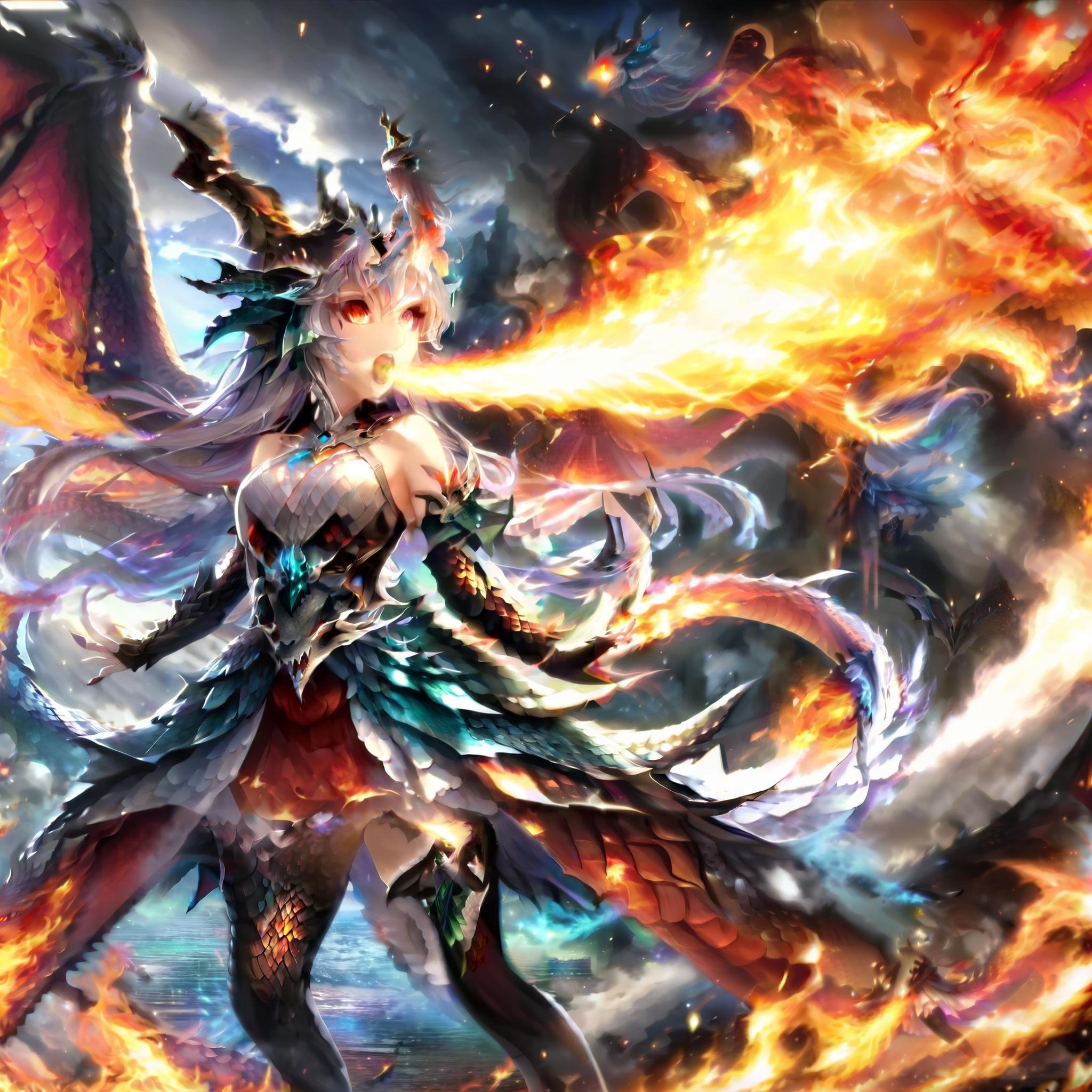 masterpiece,absurd resolution,,(Best quality:1.2), highres, (scenary:1.2),,FireBreath,blowing out fire trought mouth,breathing fire,1girl,solo,long hair,breasts,thighhighs,dress,bare shoulders,standing,tail,full body,red eyes,silver colored hair,outdoors,wings,horns,sky,fire,monster girl,dragon horns,dragon girl,dragon tail,scales,dragon wings,destruction,breathing fire,molten rock,  <lora:add_detail:1> <lora:more_details:1>, <lora:FireBreath:1>,