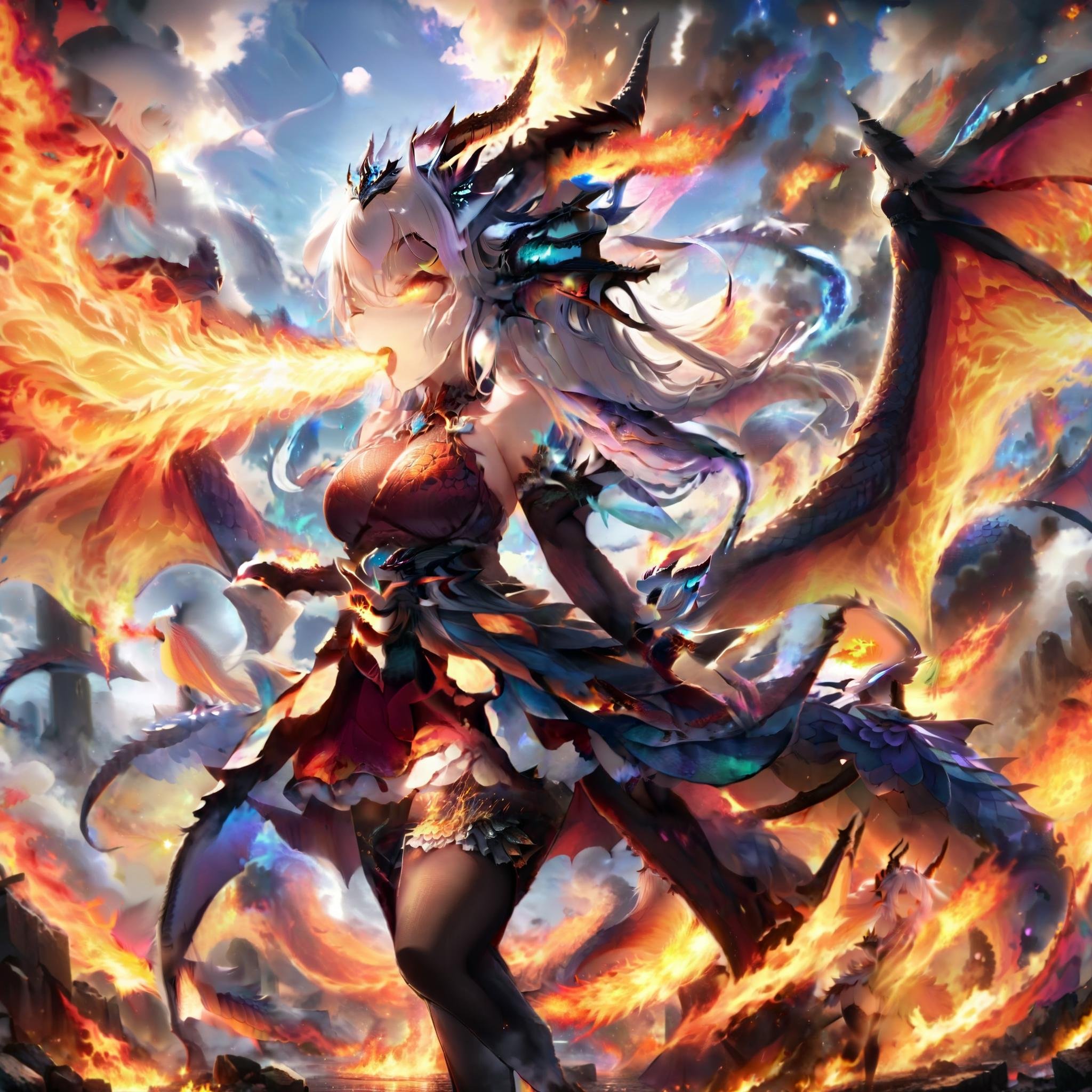 masterpiece,absurd resolution,,(Best quality:1.2), highres, (scenary:1.2),,FireBreath,blowing out fire trought mouth,breathing fire,1girl,solo,long hair,breasts,thighhighs,dress,bare shoulders,standing,tail,full body,closed eyes,white hair,outdoors,wings,horns,sky,fire,monster girl,dragon horns,dragon girl,dragon tail,scales,dragon wings,destruction,breathing fire,molten rock,  <lora:add_detail:1> <lora:more_details:1>, <lora:FireBreath:1>,