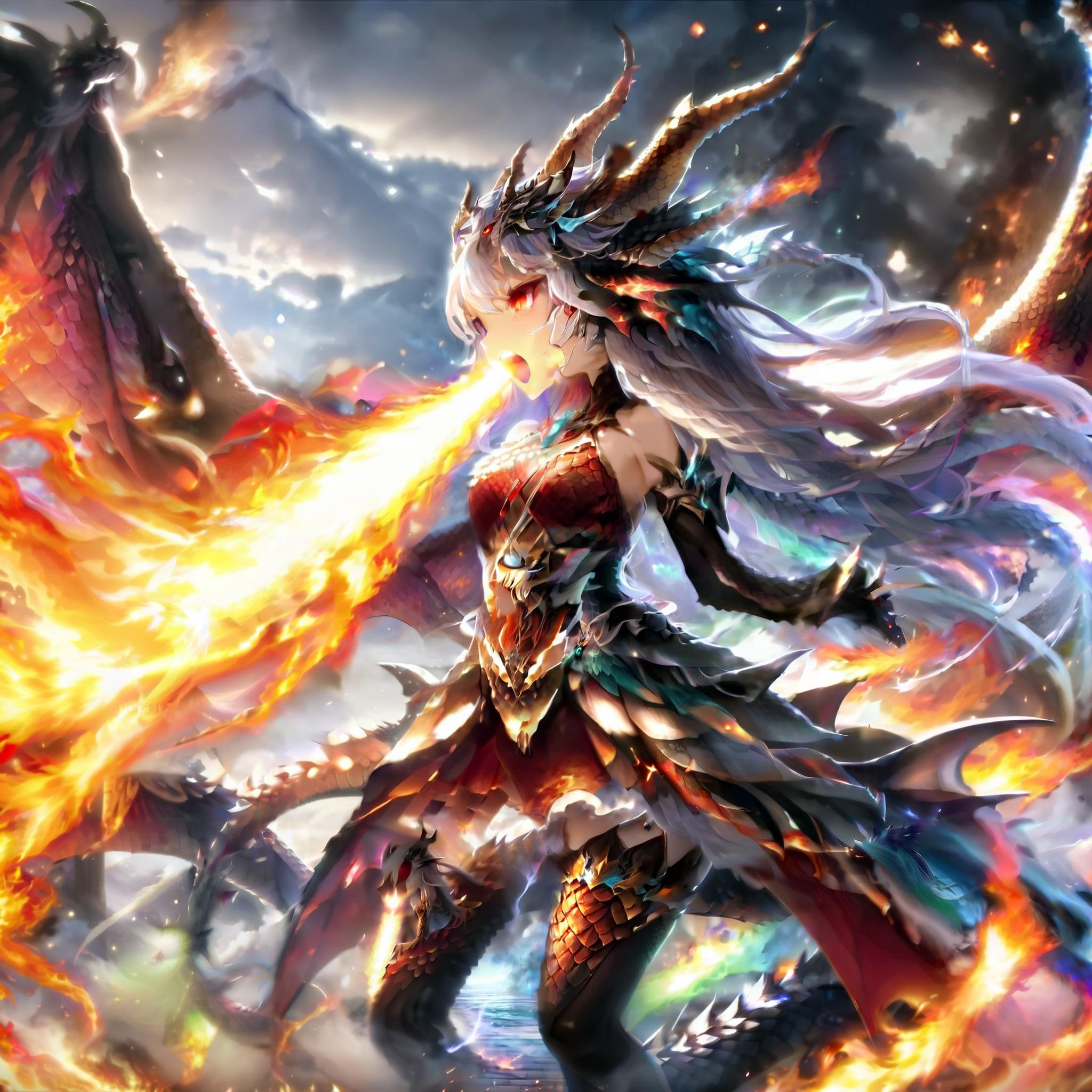 masterpiece,absurd resolution,,(Best quality:1.2), highres, (scenary:1.2),,FireBreath,blowing out fire trought mouth,breathing fire,1girl,solo,long hair,breasts,thighhighs,dress,bare shoulders,standing,tail,full body,red eyes,silver colored hair,outdoors,wings,horns,sky,fire,monster girl,dragon horns,dragon girl,dragon tail,scales,dragon wings,destruction,breathing fire,molten rock,  <lora:add_detail:1> <lora:more_details:1>, <lora:FireBreath:1>,