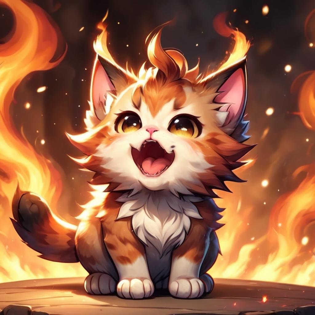 <lora:cat_20230627113759:0.8>,cute small fluffy cat <lora:FireBreath:0.7> breathing fire, open mouth,cute small horns,sitting,front view