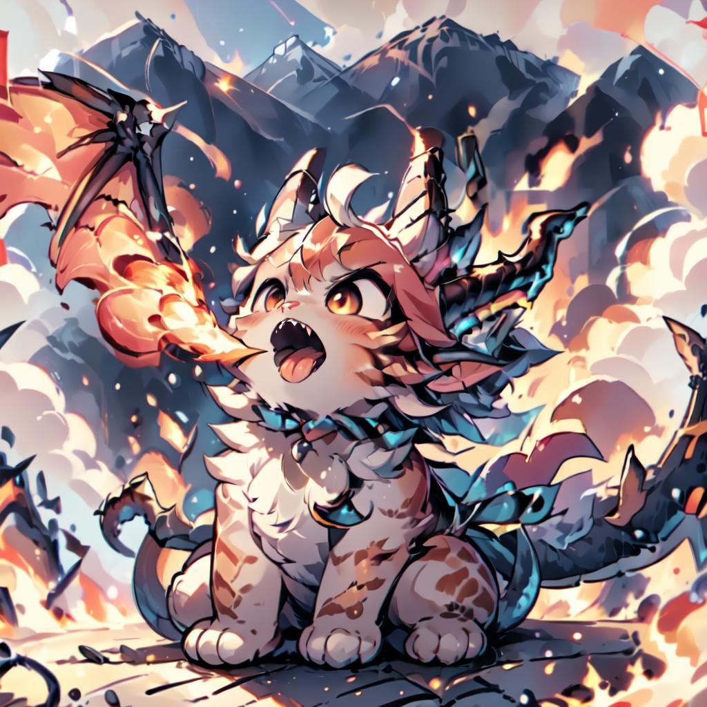 masterpiece,absurd resolution,,(Best quality:1.2), highres, (scenary:1.2),<lora:cat_20230627113759:0.9>,cute small fluffy cat , breathing fire, fire bolt,detailed sharp teeth, blowing out fire trought mouth,small fluffy wings,small cat ears,small dragon horns,open mouth,sitting,side view,huge fire bolt <lora:FireBreathSD:1>,detailed tongue, 