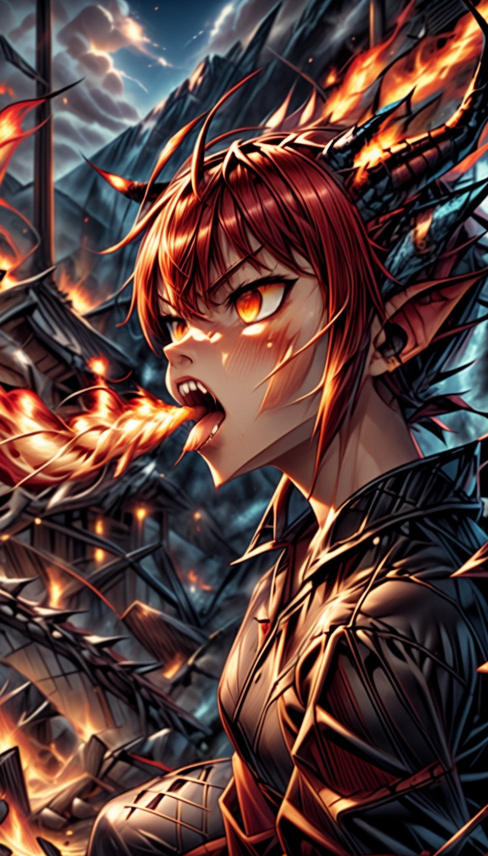 masterpiece,absurd resolution,,(Best quality:1.2), highres, (scenary:1.2),makima \(chainsaw man\) , breathing fire, fire bolt,detailed sharp teeth, blowing out fire trought mouth,,small cat ears,small dragon horns,open mouth,sitting,side view,huge fire bolt <lora:FireBreathSD:1>,detailed tongue, <lora:add_detail:0.8> <lora:more_details:0.8> <lora:makima_offset:1>,angry face,angry facial emotions,perfect body anatomy