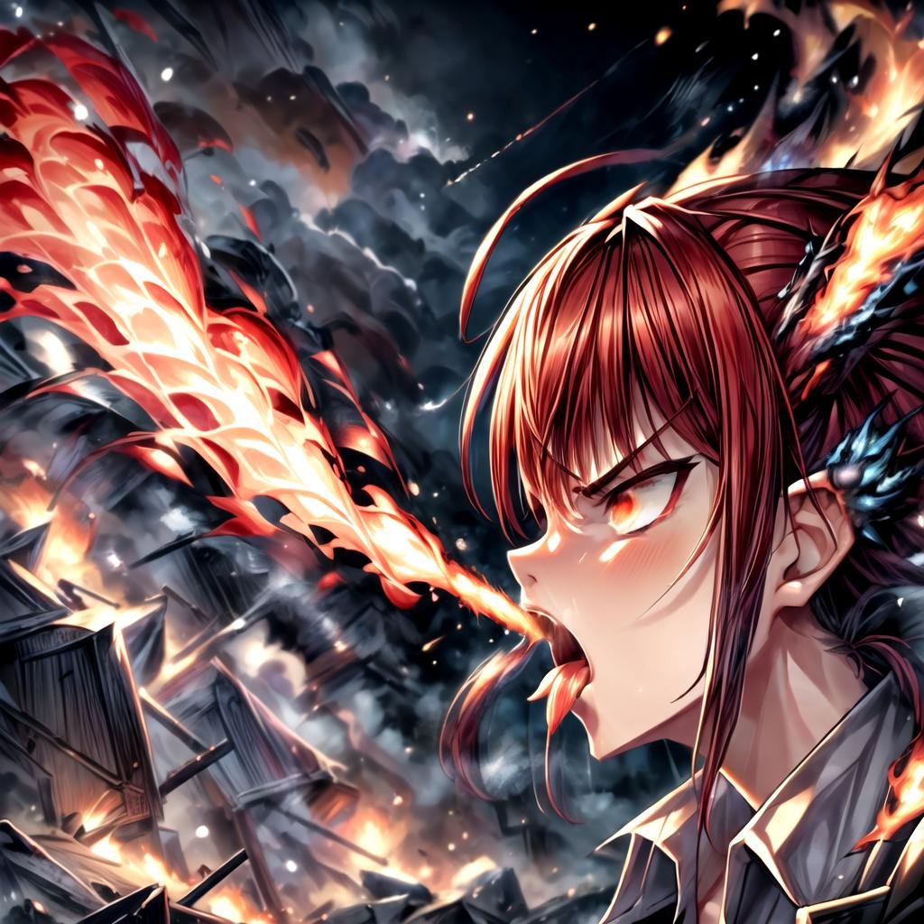 masterpiece,absurd resolution,,(Best quality:1.2), highres, (scenary:1.2),makima \(chainsaw man\) , breathing fire, fire bolt, blowing out fire trought mouth,open mouth,side view,huge fire bolt <lora:FireBreathSD:1>,detailed tongue, <lora:add_detail:0.8> <lora:more_details:0.8> <lora:makima_offset:1>,angry face,angry facial emotions,perfect body anatomy