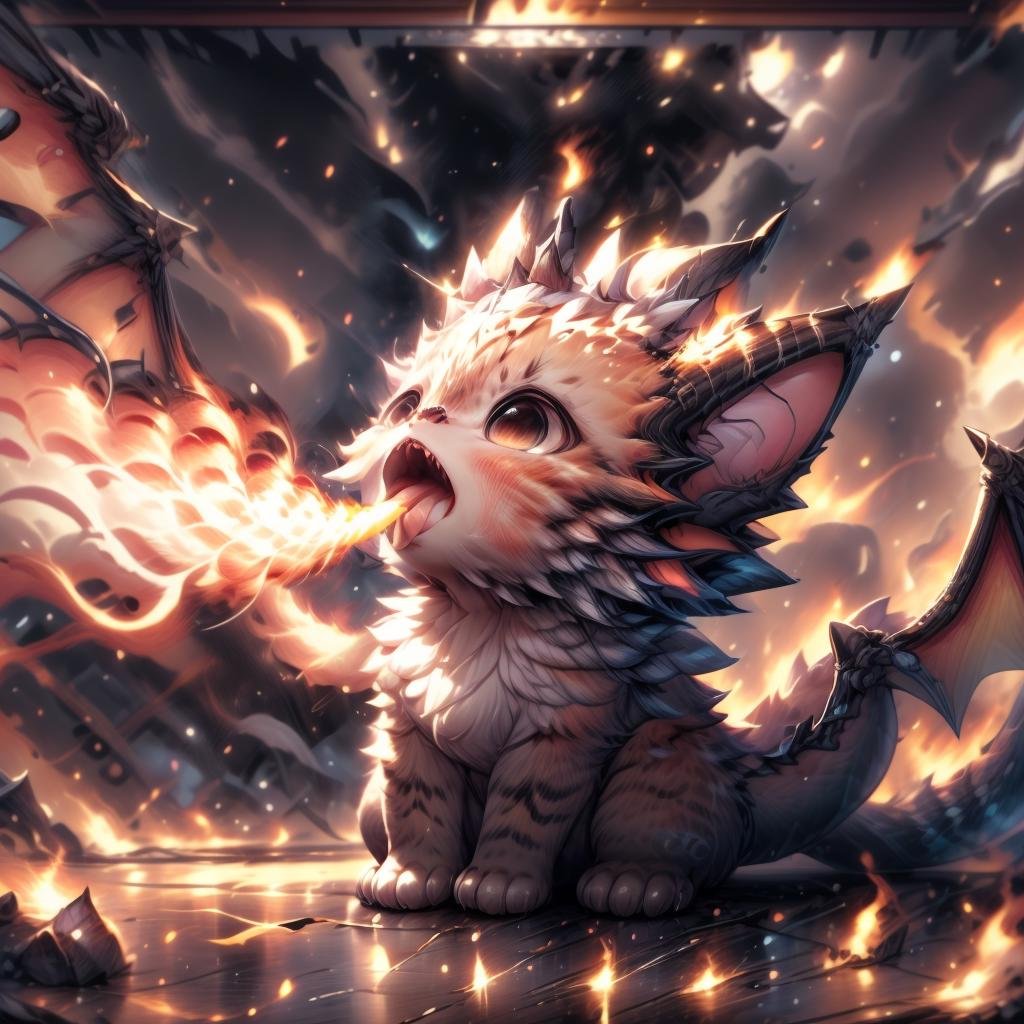 masterpiece,absurd resolution,,(Best quality:1.2), highres, (scenary:1.2),<lora:cat_20230627113759:0.9>,cute small fluffy cat , breathing fire, fire bolt,detailed sharp teeth, blowing out fire trought mouth,small fluffy  wings,small cat ears,small dragon horns,open mouth,sitting,side view,huge fire bolt <lora:FireBreathSD:1>,detailed tongue, <lora:add_detail:0.8> <lora:more_details:0.8>