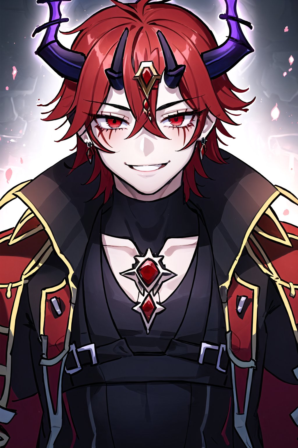 1boy,smile,red_hair,red_eyes,horns,jewelery