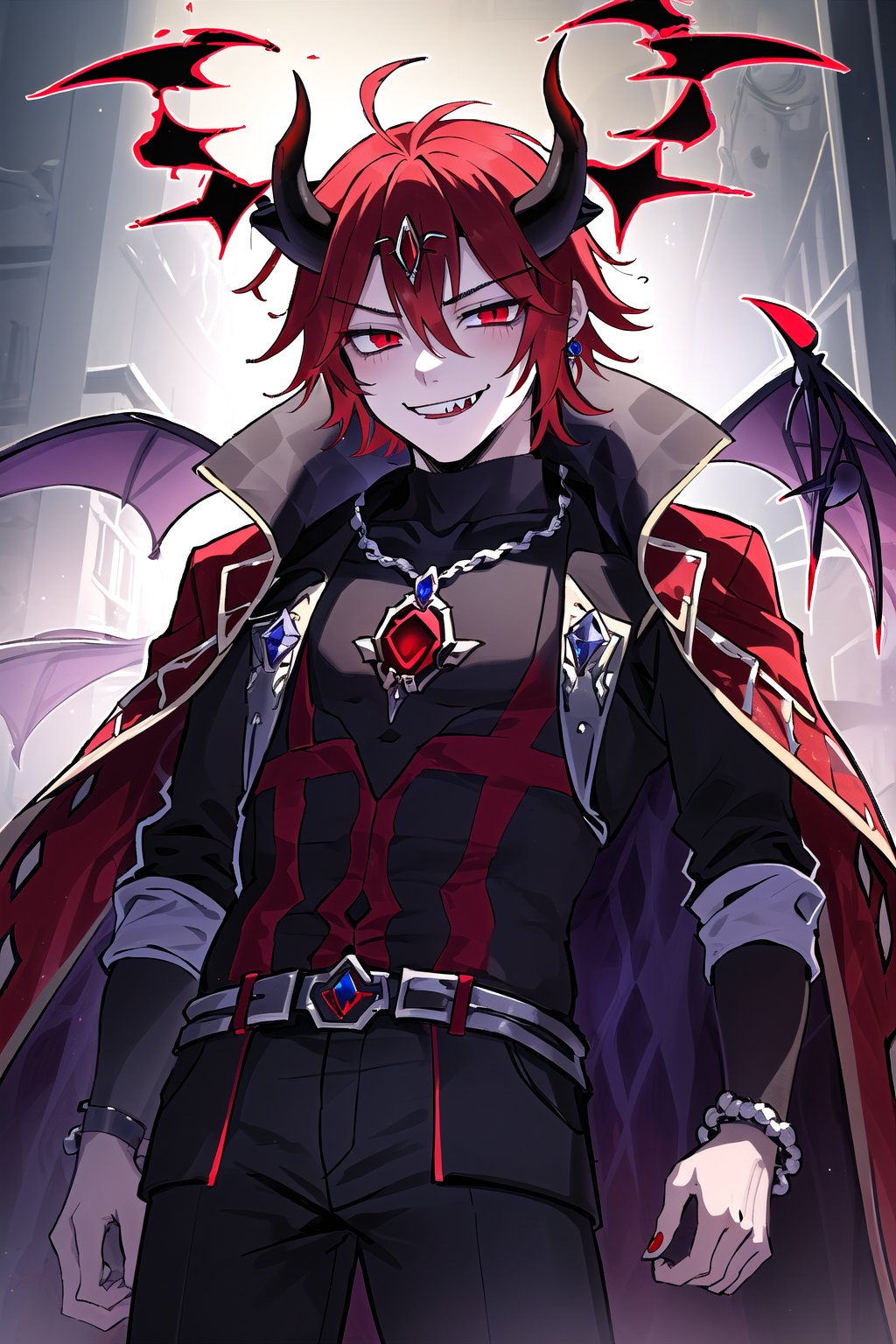 1boy,evil smile,red_hair,red_eyes,devil_horns,jewelery