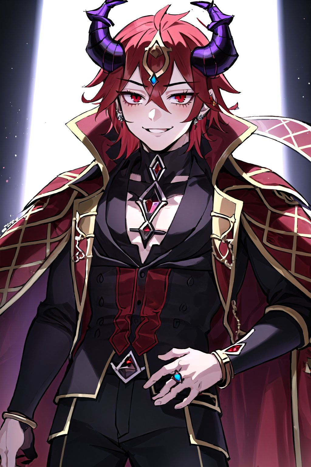 1boy,smile,red_hair,red_eyes,horns,jewelry,stage