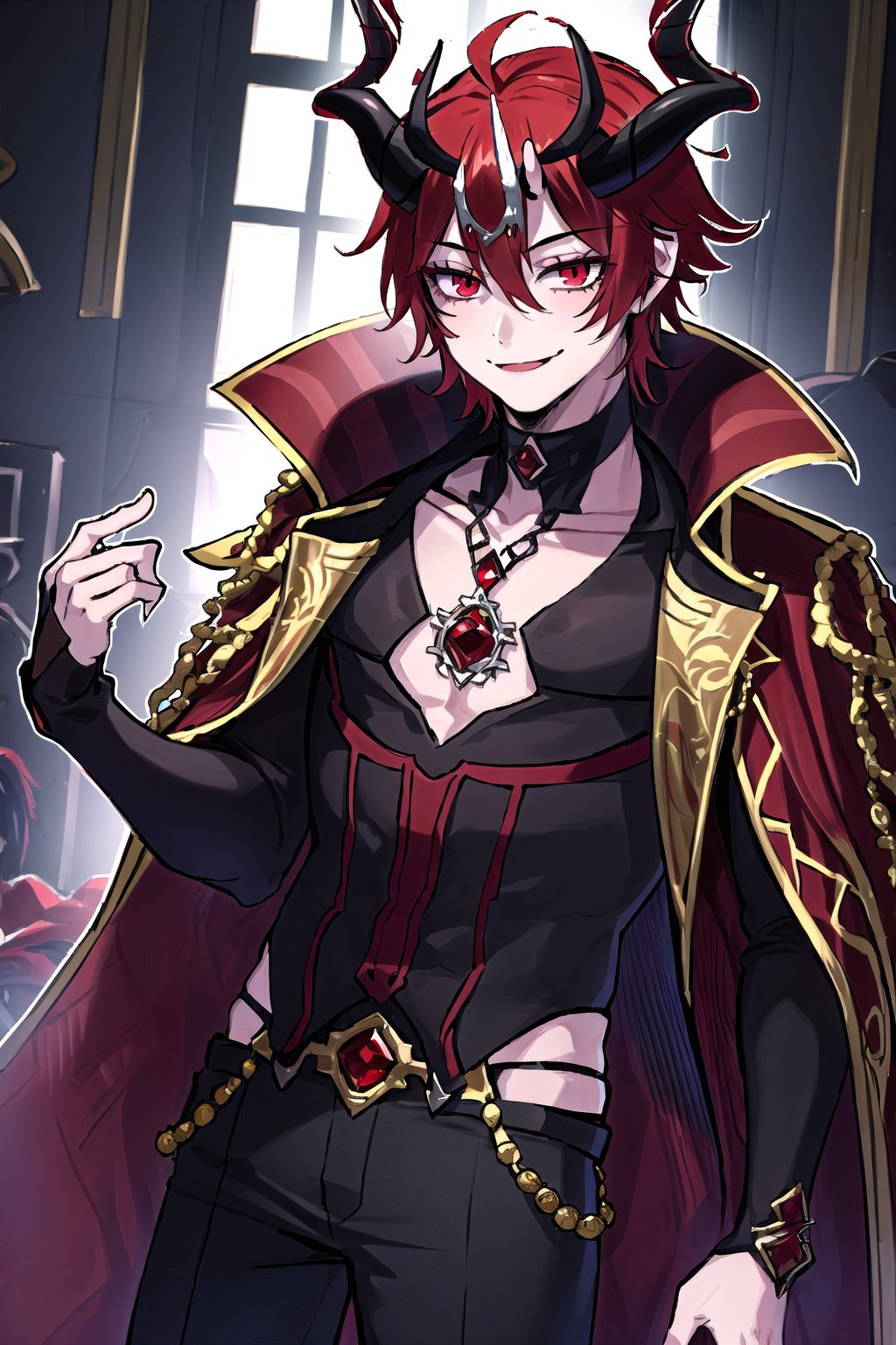 1boy,smile,red_hair,red_eyes,horns,jewelery,theater