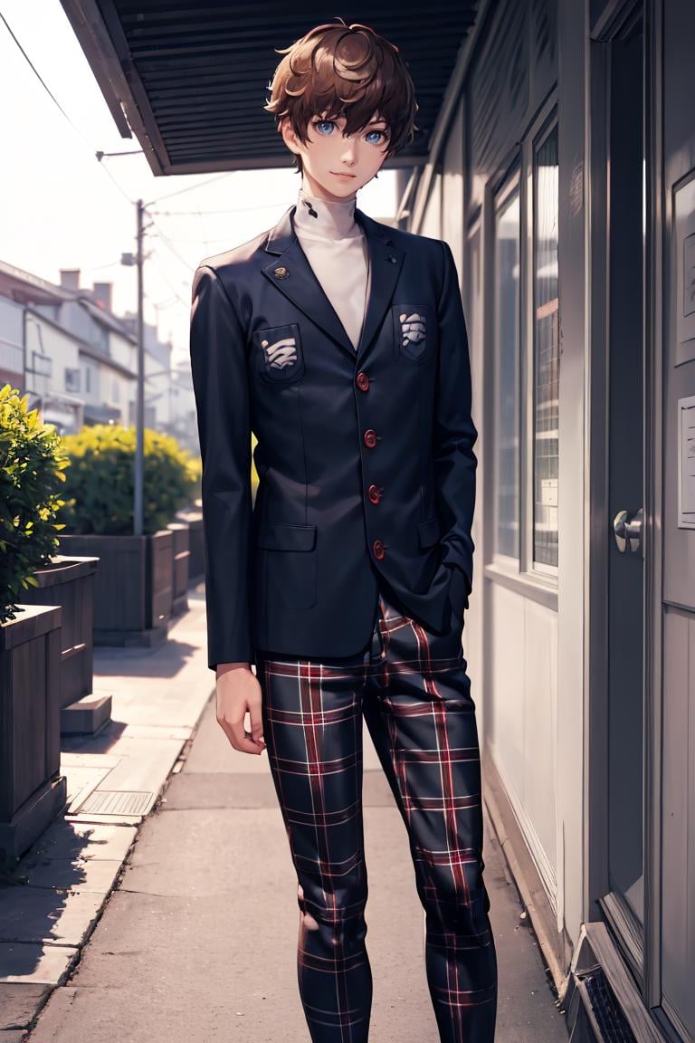 masterpiece, best quality, absurdres, 1boy, solo, brown hair, short hair, blue eyes, standing, outdoors, smile, BoyUniform, shuujin academy school uniform, black jacket, plaid pants, <lora:CONCEPT-ShuujinAcademySchoolUniform:1>