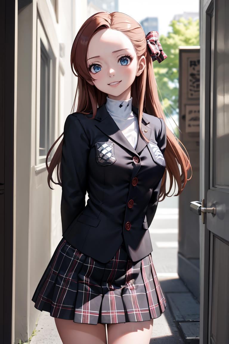 masterpiece, best quality, absurdres, 1girl, solo, KatarinaClaes, asymmetrical bangs, smile, arms behind back, GirlUniform, shuujin academy school uniform, black jacket, plaid skirt, <lora:CONCEPT-ShuujinAcademySchoolUniform:0.8>, <lora:KatarinaClaes:0.8>