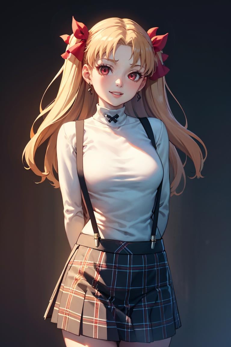 masterpiece, best quality, absurdres, 1girl, solo, Ereshkigal, two side up, hair ribbon, smile, arms behind back, GirlSuspenders, white turtleneck, suspenders, plaid skirt, <lora:CONCEPT-ShuujinAcademySchoolUniform:0.8>, <lora:EreshkigalV2:0.8> 