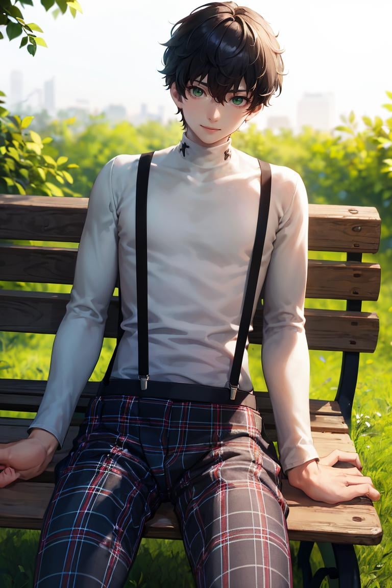 masterpiece, best quality, absurdres, 1boy, solo, black hair, green eyes, sitting, bench, outdoors, smile, BoySuspenders, white turtleneck, suspenders, plaid pants, <lora:CONCEPT-ShuujinAcademySchoolUniform:1>