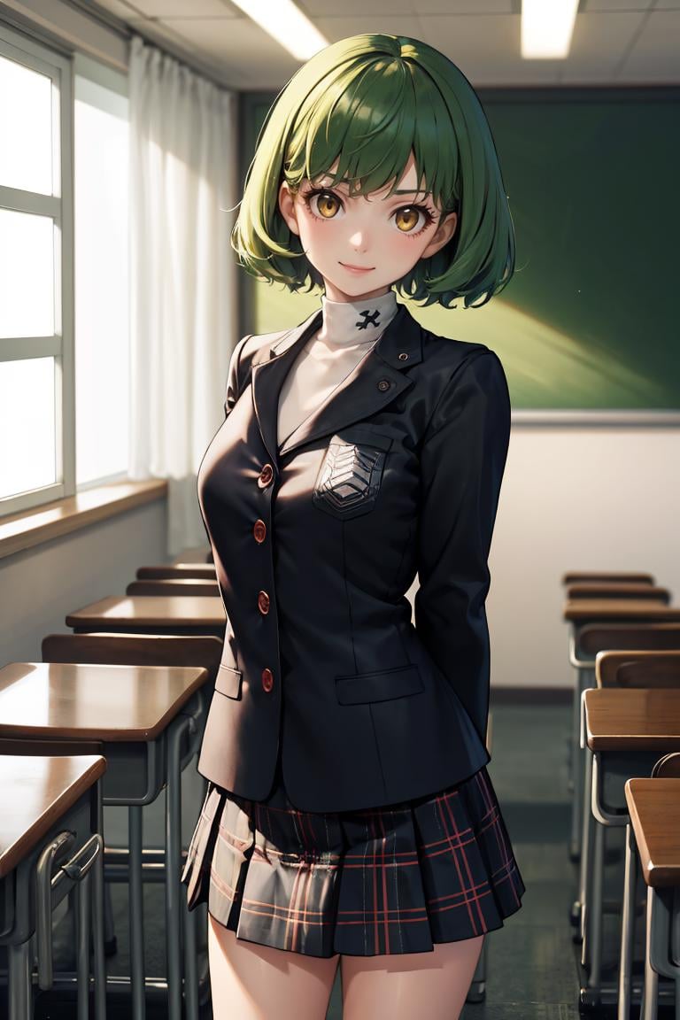 masterpiece, best quality, absurdres, 1girl, solo, green hair, medium hair, yellow eyes, standing, arms behind back, indoors, classroom, smile, GirlUniform, shuujin academy school uniform, black jacket, plaid skirt, <lora:ShuujinAcademySchoolUniform-08:1>