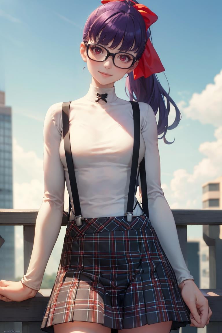 masterpiece, best quality, absurdres, 1girl, solo, purple hair, ponytail, red eyes, glasses, standing, outdoors, smile, GirlSuspenders, white turtleneck, suspenders, plaid skirt, <lora:CONCEPT-ShuujinAcademySchoolUniform:1>