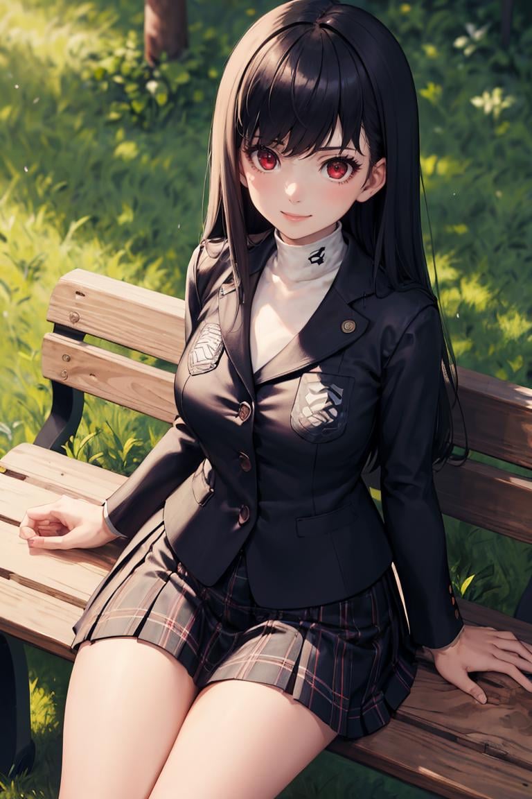 masterpiece, best quality, absurdres, 1girl, solo, black hair, long hair, red eyes, thighs, sitting, bench, outdoors, smile, GirlUniform, shuujin academy school uniform, black jacket, plaid skirt, <lora:CONCEPT-ShuujinAcademySchoolUniform:1>