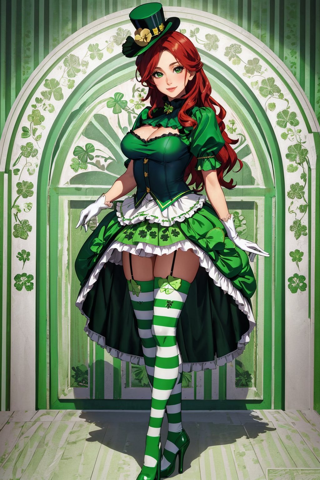 ((masterpiece,best quality,edgQuality)),(smile),1girl,solo,standing,posing,edgShamrock,green dress, long hair,  skirt, thighhighs, gloves, hat, edgASA1,  red hair, boots, shoes,striped, puffy sleeves, high heels, green striped thighhighs, top hat, clover print, green footwear , wearing edgShamrock<lora:edgShamrock:1>