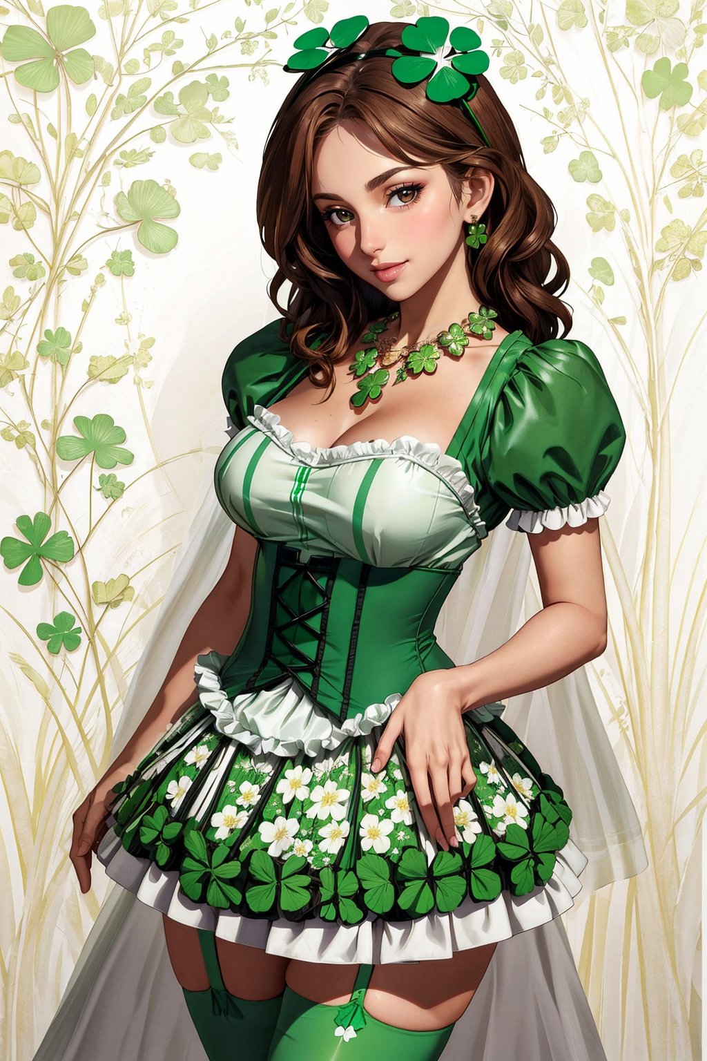 ((masterpiece,best quality,edgQuality)),(smile),1girl,solo,standing,posing,edgShamrock,green dress, brown hair, thighhighs, brown eyes, jewelry, standing, flower, short sleeves, parted lips, shorts, necklace, white thighhighs, lips, garter straps, realistic, green stripes,(clover print), wearing edgShamrock <lora:edgShamrock:1>